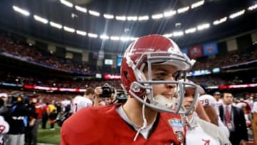 Jan 2, 2014; New Orleans, LA, USA; Alabama Crimson Tide quarterback AJ McCarron (10) walks off the field following a loss to the Oklahoma Sooners in a game at the Mercedes-Benz Superdome. Oklahoma defeated Alabama 45-31. Mandatory Credit: Derick E. Hingle-USA TODAY Sports