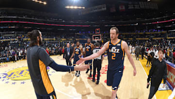 LOS ANGELES, CA - APRIL 8: Joe Ingles #2 of the Utah Jazz and Ricky Rubio #3 of the Utah Jazz high-five after the game against the Los Angeles Lakers on April 8, 2018 at STAPLES Center in Los Angeles, California. NOTE TO USER: User expressly acknowledges and agrees that, by downloading and/or using this Photograph, user is consenting to the terms and conditions of the Getty Images License Agreement. Man