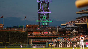 PHILADELPHIA, PA - AUGUST 25: The Citizens bank park sign and liberty bell are seen during the game between the Washington Nationals and the Philadelphia Phillies at Citizens Bank Park on August 25, 2012 in Philadelphia, Pennsylvania. The Phillies won 4-2. (Photo by Brian Garfinkel/Getty Images)