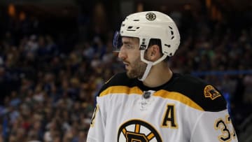 Mar 8, 2016; Tampa, FL, USA; Boston Bruins center Patrice Bergeron (37) during the second period at Amalie Arena. Mandatory Credit: Kim Klement-USA TODAY Sports