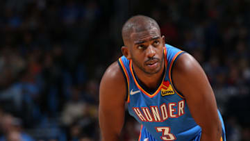 OKLAHOMA CITY, OK- NOVEMBER 15: Chris Paul #3 of the Oklahoma City Thunder looks on during a game against the Philadelphia 76ers on November 15, 2019 at Chesapeake Energy Arena in Oklahoma City, Oklahoma. NOTE TO USER: User expressly acknowledges and agrees that, by downloading and or using this photograph, User is consenting to the terms and conditions of the Getty Images License Agreement. Mandatory Copyright Notice: Copyright 2019 NBAE (Photo by Zach Beeker/NBAE via Getty Images)