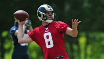 Jun 17, 2014; St. Louis, MO, USA; St. Louis Rams quarterback Sam Bradford (8) throws during minicamp at Rams Park. Mandatory Credit: Jeff Curry-USA TODAY Sports