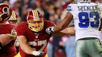 December 30, 2012; Landover, MD, USA; Washington Redskins guard Josh LeRibeus (67) blocks Dallas Cowboys outside linebacker Anthony Spencer (93) at FedEx Field. The Redskins won 28-18. Mandatory Credit: Geoff Burke-USA TODAY Sports
