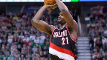 Nov 4, 2015; Salt Lake City, UT, USA; Portland Trail Blazers forward Noah Vonleh (21) shoots the ball during the first half against the Utah Jazz at Vivint Smart Home Arena. Mandatory Credit: Russ Isabella-USA TODAY Sports
