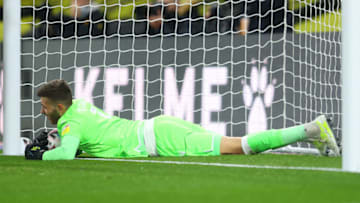 WATFORD, ENGLAND - NOVEMBER 04: Angus Gunn of Stoke City attempts to save the ball near the line which is given as a goal during the Sky Bet Championship match between Watford and Stoke City at Vicarage Road on November 04, 2020 in Watford, England. Sporting stadiums around the UK remain under strict restrictions due to the Coronavirus Pandemic as Government social distancing laws prohibit fans inside venues resulting in games being played behind closed doors. (Photo by Richard Heathcote/Getty Images)