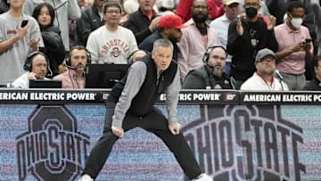 Jan 5, 2023; Columbus, OH, USA; Ohio State Buckeyes head coach Chris Holtmann watches from the bench during the second half of the NCAA men's basketball game against the Purdue Boilermakers at Value City Arena. Purdue won 71-69. Mandatory Credit: Adam Cairns-The Columbus DispatchBasketball Purdue At Ohio State