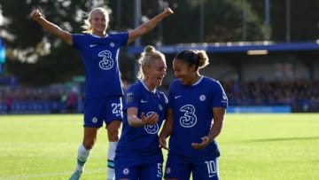 Lauren James of Chelsea celebrates with teammate Sophie Ingle (Photo by Clive Rose/Getty Images)