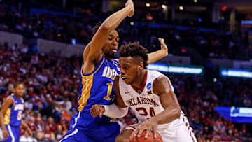 Mar 18, 2016; Oklahoma City, OK, USA; Oklahoma Sooners guard Buddy Hield (24) dribbles during the game against the Cal State Bakersfield Roadrunners in the first round of the 2016 NCAA Tournament at Chesapeake Energy Arena. Mandatory Credit: Kevin Jairaj-USA TODAY Sports