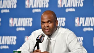 CLEVELAND, OH - APRIL 29: Head Coach Nate McMillan of the Indiana Pacers speaks during the post-game press conference after Game Seven of Round One against the Cleveland Cavaliers of the 2018 NBA Playoffs on April 29, 2018 at Quicken Loans Arena in Cleveland, Ohio. NOTE TO USER: User expressly acknowledges and agrees that, by downloading and or using this Photograph, user is consenting to the terms and conditions of the Getty Images License Agreement. Mandatory Copyright Notice: Copyright 2018 NBAE (Photo by David Liam Kyle/NBAE via Getty Images)