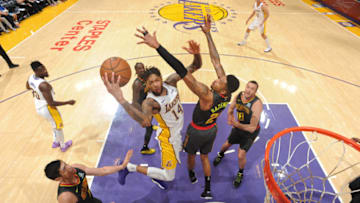 LOS ANGELES, CA - JANUARY 7: Brandon Ingram #14 of the Los Angeles Lakers drives to the basket against the Atlanta Hawks on January 7, 2018 at STAPLES Center in Los Angeles, California. NOTE TO USER: User expressly acknowledges and agrees that, by downloading and/or using this Photograph, user is consenting to the terms and conditions of the Getty Images License Agreement. Mandatory Copyright Notice: Copyright 2018 NBAE (Photo by Andrew D. Bernstein/NBAE via Getty Images)