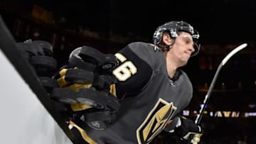 LAS VEGAS, NV - NOVEMBER 03: Erik Haula #56 of the Vegas Golden Knights warms up prior to a game against the Carolina Hurricanes at T-Mobile Arena on November 3, 2018 in Las Vegas, Nevada. (Photo by David Becker/NHLI via Getty Images)