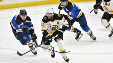 ST. LOUIS, MO - JUN 03: St. Louis Blues leftwing Sammy Blais (9) and Boston Bruins rightwing David Backes (42) skate after a loose puck during Game 4 of the Stanley Cup Final between the Boston Bruins and the St. Louis Blues, on June 01, 2019, at Enterprise Center, St. Louis, Mo. (Photo by Keith Gillett/Icon Sportswire via Getty Images)
