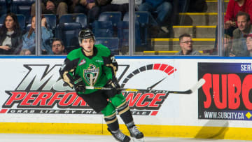 KELOWNA, BC - JANUARY 19: Cole Fonstad #24 of the Prince Albert Raiders skates against the Kelowna Rockets at Prospera Place on January 19, 2019 in Kelowna, Canada. (Photo by Marissa Baecker/Getty Images)