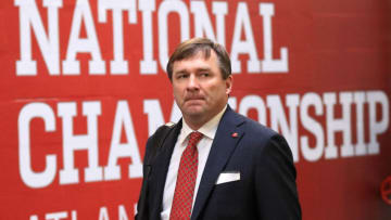 ATLANTA, GA - JANUARY 08: Head coach Kirby Smart of the Georgia Bulldogs walks in to the locker room prior to the CFP National Championship presented by AT&T at Mercedes-Benz Stadium on January 8, 2018 in Atlanta, Georgia. (Photo by Mike Ehrmann/Getty Images)