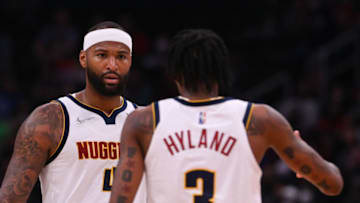 Denver Nuggets center DeMarcus Cousins (4) speaks with guard Bones Hyland (3) during the second half against the Washington Wizards at Capital One Arena on 16 Mar. 2022. (Tommy Gilligan-USA TODAY Sports)