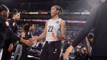 PHOENIX, AZ - JULY 19: A'ja Wilson #22 of the Las Vegas Aces is introduced prior to the game against the Phoenix Mercury on July 19, 2018 at Talking Stick Resort Arena in Phoenix, Arizona. NOTE TO USER: User expressly acknowledges and agrees that, by downloading and or using this photograph, user is consenting to the terms and conditions of the Getty Images License Agreement. Mandatory Copyright Notice: Copyright 2018 NBAE (Photo by Barry Gossage/NBAE via Getty Images)