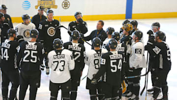 BOSTON, MA - OCTOBER 3: Boston Bruins coach Bruce Cassidy talks to his players near the end of practice during media day at the Warrior Ice Arena in Boston, Oct. 3, 2017. (Photo by John Tlumacki/The Boston Globe via Getty Images)