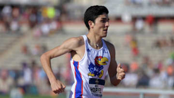 Jun 5, 2019; Austin, TX, USA; Bryce Hoppel of Kansas wins 800m heat in 1:45.26 for the top time during the NCAA Track & Field Championships at Mike A. Myers Stadium. Mandatory Credit: Kirby Lee-USA TODAY Sports