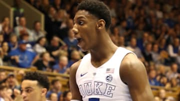DURHAM, NORTH CAROLINA - JANUARY 26: RJ Barrett #5 of the Duke Blue Devils reacts after a play during their game against the Georgia Tech Yellow Jackets at Cameron Indoor Stadium on January 26, 2019 in Durham, North Carolina. (Photo by Streeter Lecka/Getty Images)