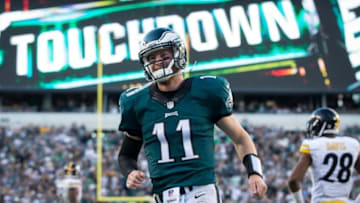 Sep 25, 2016; Philadelphia, PA, USA; Philadelphia Eagles quarterback Carson Wentz (11) reacts after his 73 yard touchdown pass against the Pittsburgh Steelers during the third quarter at Lincoln Financial Field. Mandatory Credit: Bill Streicher-USA TODAY Sports