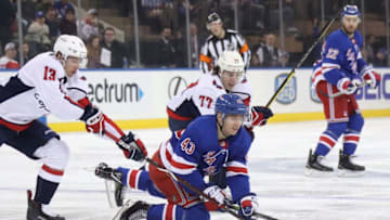 NEW YORK, NEW YORK - MARCH 03: Libor Hajek #43 of the New York Rangers controls the puck against the Washington Capitals at Madison Square Garden on March 03, 2019 in New York City. (Photo by Bruce Bennett/Getty Images)