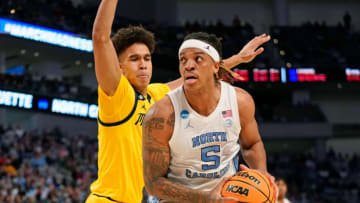 Mar 17, 2022; Fort Worth, TX, USA; North Carolina Tar Heels forward Armando Bacot (5) controls the ball against the Marquette Golden Eagles during the first half during the first round of the 2022 NCAA Tournament at Dickies Arena. Mandatory Credit: Chris Jones-USA TODAY Sports