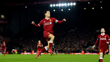 LIVERPOOL, ENGLAND - DECEMBER 26: (THE SUN OUT,THE SUN ON SUNDAY OUT) Philippe Coutinho of Liverpool celebrates after scoring the opening goal during the Premier League match between Liverpool and Swansea City at Anfield on December 26, 2017 in Liverpool, England. (Photo by Andrew Powell/Liverpool FC via Getty Images)