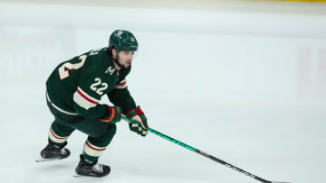 ST PAUL, MN - MAY 02: Kevin Fiala #22 of the Minnesota Wild skates with the puck against the St. Louis Blues in the third period in Game One of the First Round of the 2022 Stanley Cup Playoffs at Xcel Energy Center on May 2, 2022 in St Paul, Minnesota. The Blues defeated the Wild 4-0 to take a 1-0 series lead. (Photo by David Berding/Getty Images)