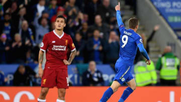 LEICESTER, ENGLAND - SEPTEMBER 23: Jamie Vardy of Leicester City celebrates scoring his sides second goal during the Premier League match between Leicester City and Liverpool at The King Power Stadium on September 23, 2017 in Leicester, England. (Photo by Michael Regan/Getty Images)