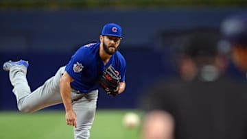 Aug 23, 2016; San Diego, CA, USA; Chicago Cubs starting pitcher Jake Arrieta (49) pitches during the first inning against the San Diego Padres at Petco Park. Mandatory Credit: Jake Roth-USA TODAY Sports