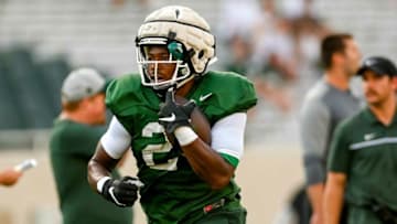 Michigan State's Elijah Collins runs with the ball during the Meet the Spartans open practice on Monday, Aug. 23, 2021, at Spartan Stadium in East Lansing.210823 Meet The Spartans Football 089a