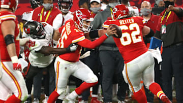 TAMPA, FLORIDA - FEBRUARY 07: Shaquil Barrett #58 of the Tampa Bay Buccaneers tackles Patrick Mahomes #15 of the Kansas City Chiefs during the fourth quarter in Super Bowl LV at Raymond James Stadium on February 07, 2021 in Tampa, Florida. (Photo by Patrick Smith/Getty Images)
