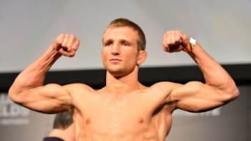 Oct 8, 2013; Barueri, Sao Paulo, Brazil; T.J. Dillashaw during the weigh-in for UFC Fight Night 29 at Jose Correa Arena. Mandatory Credit: Jason Silva-USA TODAY Sports