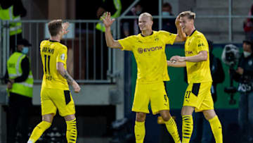 Erling Haaland celebrates after scoring. (Photo by Alexander Scheuber/Getty Images)