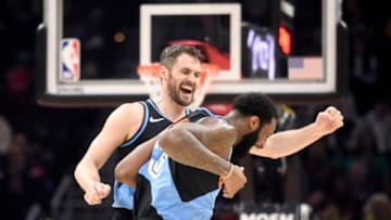 CLEVELAND, OHIO - FEBRUARY 29: Kevin Love #0 and Andre Drummond #3 of the Cleveland Cavaliers celebrate after the two connected on a pass during the second half at Rocket Mortgage Fieldhouse on February 29, 2020 in Cleveland, Ohio. The Pacers defeated the Cavaliers 113-104. NOTE TO USER: User expressly acknowledges and agrees that, by downloading and/or using this photograph, user is consenting to the terms and conditions of the Getty Images License Agreement. (Photo by Jason Miller/Getty Images)