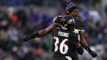 BALTIMORE, MD - DECEMBER 18: Linebacker Patrick Onwuasor #48 of the Baltimore Ravens cekebrates with teammate cornerback Tavon Young #36 after the Baltimore Ravens defeated the Philadelphia Eagles 27-26 at M&T Bank Stadium on December 18, 2016 in Baltimore, Maryland. (Photo by Patrick Smith/Getty Images)