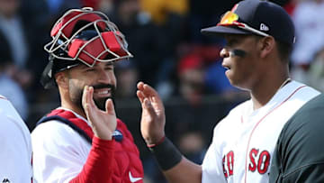 BOSTON, MA - APRIL 29: Eduardo Nunez #36 of the Boston Red Sox celebrates with Sandy Leon #3, who knocked in the winning run, to defeat the Tampa Bay Rays, 4-3, at Fenway Park on April 29, 2018 in Boston, Massachusetts. (Photo by Jim Rogash/Getty Images)