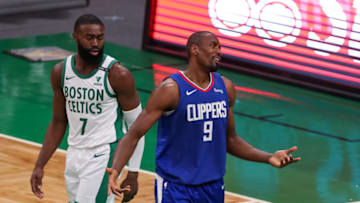 Mar 2, 2021; Boston, Massachusetts, USA; Los Angeles Clippers center Serge Ibaka (9) reacts during the second half against the Boston Celtics at TD Garden. Mandatory Credit: Paul Rutherford-USA TODAY Sports
