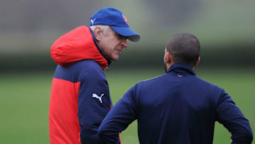 ST ALBANS, ENGLAND - FEBRUARY 06: Arsenal manager Arsene Wenger with Theo Walcott during a training session at London Colney on February 6, 2016 in St Albans, England. (Photo by Stuart MacFarlane/Arsenal FC via Getty Images)