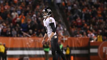 Nov 30, 2015; Cleveland, OH, USA; Baltimore Ravens kicker Justin Tucker (9) against the Cleveland Browns at FirstEnergy Stadium. The Ravens won 33-27. Mandatory Credit: Aaron Doster-USA TODAY Sports