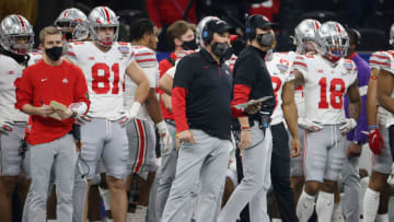 NEW ORLEANS, LOUISIANA - JANUARY 01: Head coach Ryan Day of the Ohio State Buckeyes looks on in the first half against the Clemson Tigers during the College Football Playoff semifinal game at the Allstate Sugar Bowl at Mercedes-Benz Superdome on January 01, 2021 in New Orleans, Louisiana. (Photo by Chris Graythen/Getty Images)