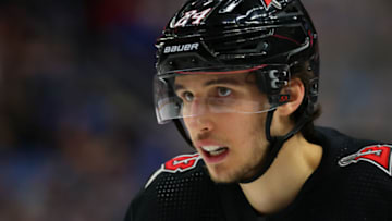 Jan 21, 2023; Buffalo, New York, USA; Buffalo Sabres center Dylan Cozens (24) waits for the face-off during the second period against the Anaheim Ducks at KeyBank Center. Mandatory Credit: Timothy T. Ludwig-USA TODAY Sports