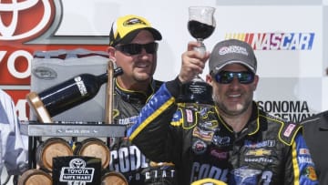 June 26, 2016; Sonoma, CA, USA; Sprint Cup Series driver Tony Stewart (14) celebrates in victory lane during the Toyota Save Mart 350 at Sonoma Raceway. Mandatory Credit: Kyle Terada-USA TODAY Sports