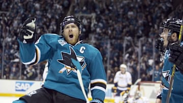 May 1, 2016; San Jose, CA, USA; San Jose Sharks center Joe Pavelski (8) celebrates after scoring the second goal against the Nashville Predators in the third period in game two of the second round of the 2016 Stanley Cup Playoffs at SAP Center at San Jose. The San Jose Sharks defeat the Nashville Predators 3 to 2. Mandatory Credit: Neville E. Guard-USA TODAY Sports