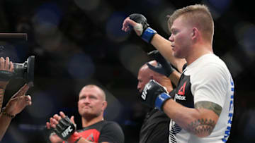 UNIONDALE, NY - JULY 22: Chase Sherman (R) celebrates his unanimous decision win over Damian Grabowski (L) during their UFC Fight Night heavyweight bout at the Nassau Veterans Memorial Coliseum on July 22, 2017 in Uniondale, New York. (Photo by Ed Mulholland/Getty Images)