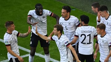 Germany players celebrate their second goal (Photo by MATTHIAS HANGST/POOL/AFP via Getty Images)