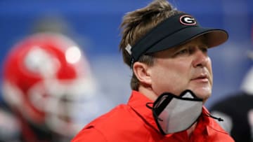 Georgia coach Kirby Smart takes the field before the start of the Peach Bowl between Georgia and Cincinnati at Mercedes-Benz Stadium in Atlanta., on Friday, Jan. 1, 2021. (Photo/Joshua L. Jones, Athens Banner-Herald)News Joshua L Jones