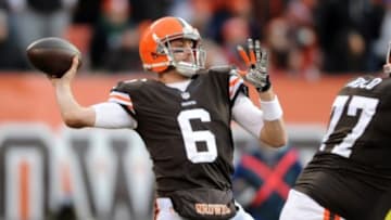 Dec 7, 2014; Cleveland, OH, USA; Cleveland Browns quarterback Brian Hoyer (6) throws a pass during the third quarter against the Indianapolis Colts at FirstEnergy Stadium. The Colts beat the Browns 25-24. Mandatory Credit: Ken Blaze-USA TODAY Sports