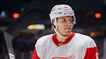 Feb 13, 2023; Vancouver, British Columbia, CAN; Detroit Red Wings defenseman Ben Chiarot (8) watches fans during a stop in play against the Vancouver Canucks in the second period at Rogers Arena. Mandatory Credit: Bob Frid-USA TODAY Sports