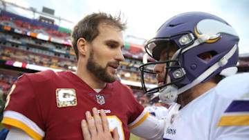 LANDOVER, MD - NOVEMBER 12: Quarterback Kirk Cousins #8 of the Washington Redskins talks with quarterback Sam Bradford #8 of the Minnesota Vikings after the Minnesota Vikings defeated the Washington Redskins 38-30 at FedExField on November 12, 2017 in Landover, Maryland. (Photo by Patrick Smith/Getty Images)